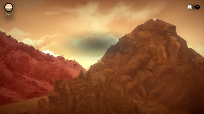A Highland Song screenshot showing two twinning peaks at golden hour