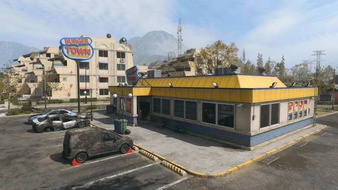 drone view of the burger town point of interest on the urzikstan warzone map