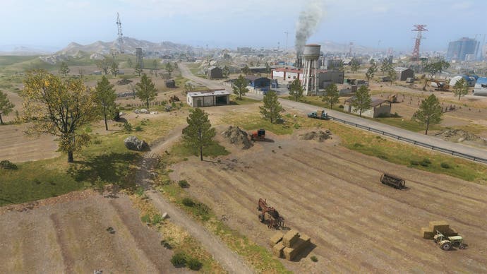 drone view of the hadiqa farms point of interest on the urzikstan warzone map