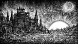 The Banished Vault key art in gothic black-and-white pencil style with a pointy city to the left and moon and bright sun to the right, with stars in the sky.