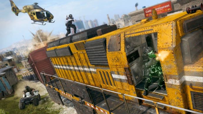 call of duty warzone urzikstan train poi promo art of yellow train with soldiers on it being followed by a helicopter.