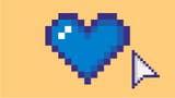 An illustration showing a big pixelated blue heart on a yellow background, with a white mouse pointer hovering nearby, as if it's going to click on it.