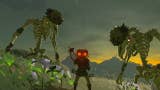 Wearing the Majora's Mask, Link looks at the camera flanked by two bony enemies.