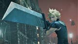 Final Fantasy 7's Cloud Strife, holding his huge Buster Sword towards the camera. How do those weedy arms do it?
