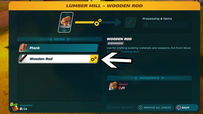 fortnite lego lumber mill menu arrow pointing to wooden rod option