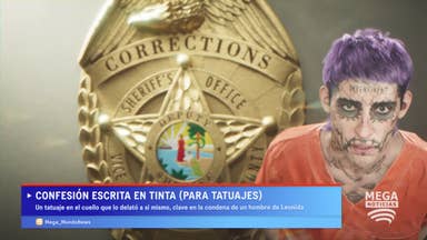A Spanish language news broadcast in GTA 6 trailer with a mugshot of a man with face tattoos and purple hair, dressed in orange prison uniform