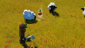 cropped view of a lego figure holding a pumpkin while looking at a group of sheep in a field with one hseep about to eat another pumpkin
