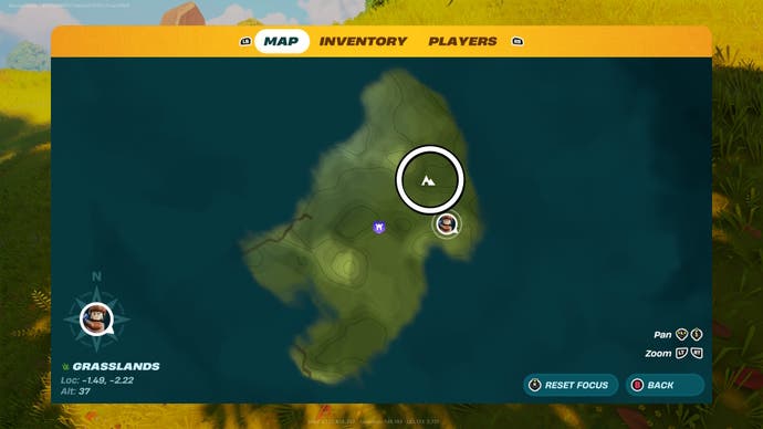 map view of the grasslands area in lego fortnite with a cave icon circled