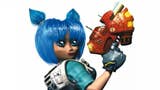 A blue-haired early 3D animated character from Jet Force Gemini holds up a hulking big burnt orange space gun.