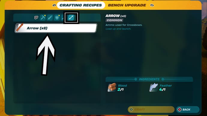 lego fortnite crafting bench menu arrow pointing to arrow recipe in ammunition section