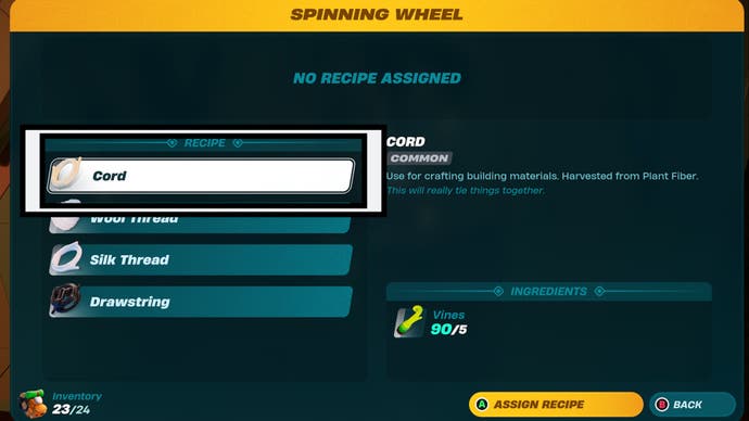 lego fortnite spinning wheel menu cord recipe highlighted
