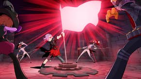 A bright and lively cut-scene image from Persona 5 Tactica. We see a feminine character in the middle of the shot planting a dazzlingly, glowing red flag. The four presumed enemies around the edges of the scene cower from its brightness.