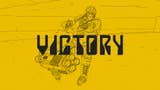 A screenshot from Rollerdrome. The only colour is yellow, really, other than black line work. We see a sort of Mad Max-like heavily armoured, huge gun-toting baddie falling, and the words "Victory" splashed across the scene.