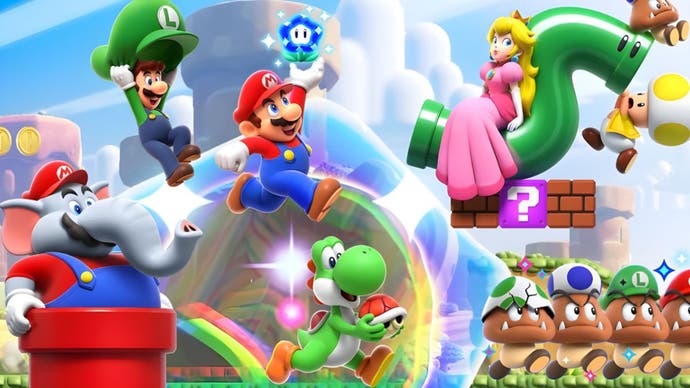 super mario bros. wonder featuring Mario as an elephant, Luigi parachuting with his hat, Mario with a wonder seed, Yoshi carrying a red shell, Princess Peach sat on a bendy pipe, toad dangling from the same pipe, and a line of Goombas  wearing an assortment of hats.