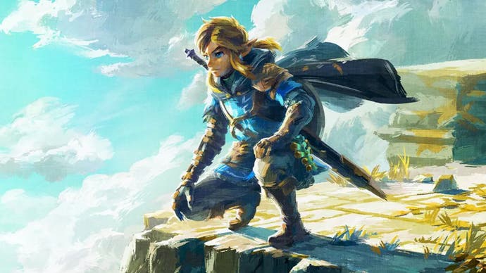 Promotional artwork for The Legend of Zelda: Tears of the Kingdom showing Link crouched on the edge of a high rocky plateau with clouds visible behind him.